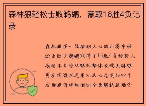 森林狼轻松击败鹈鹕，豪取16胜4负记录